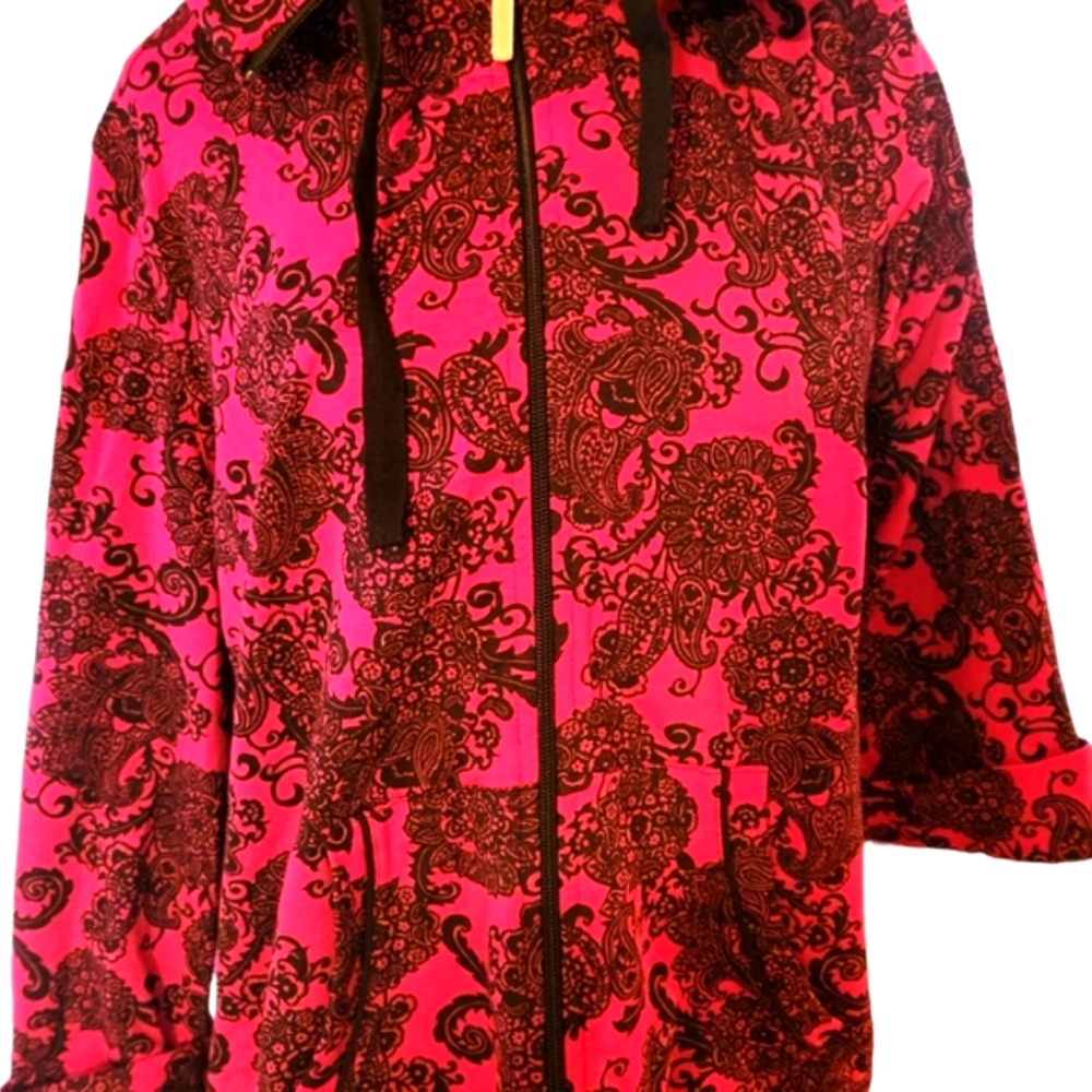 NEW KIM ROGERS FUSHIA + BLACK ZIP UP HOODIE LG PRETTY !